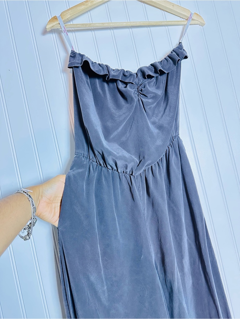 Karina Grimaldi strapless silk jumpsuit M elastic waist ruffled neckline - Picture 9 of 13
